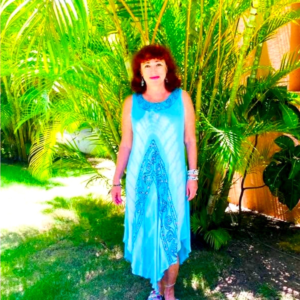 Elegant Blue Sleeveless Dress with Black Embroidery
